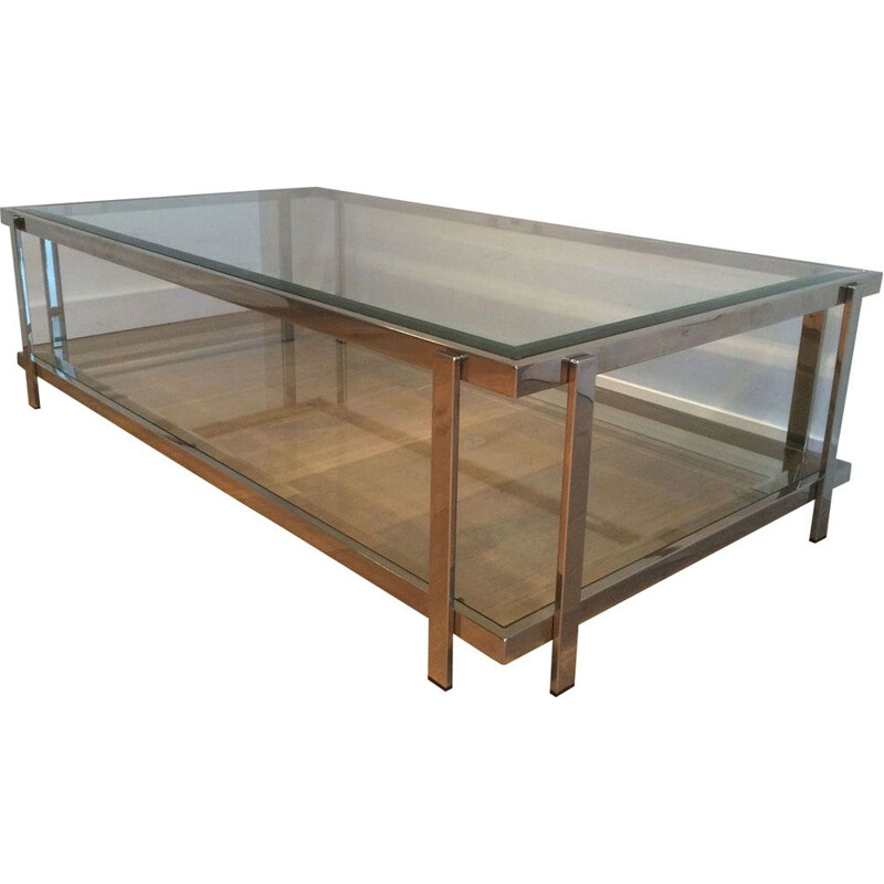 Table basse vintage en chrome et verre