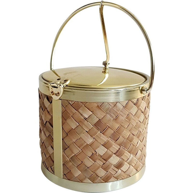 Vintage ice bucket in raffia and gold by Kraftware Co 1970s