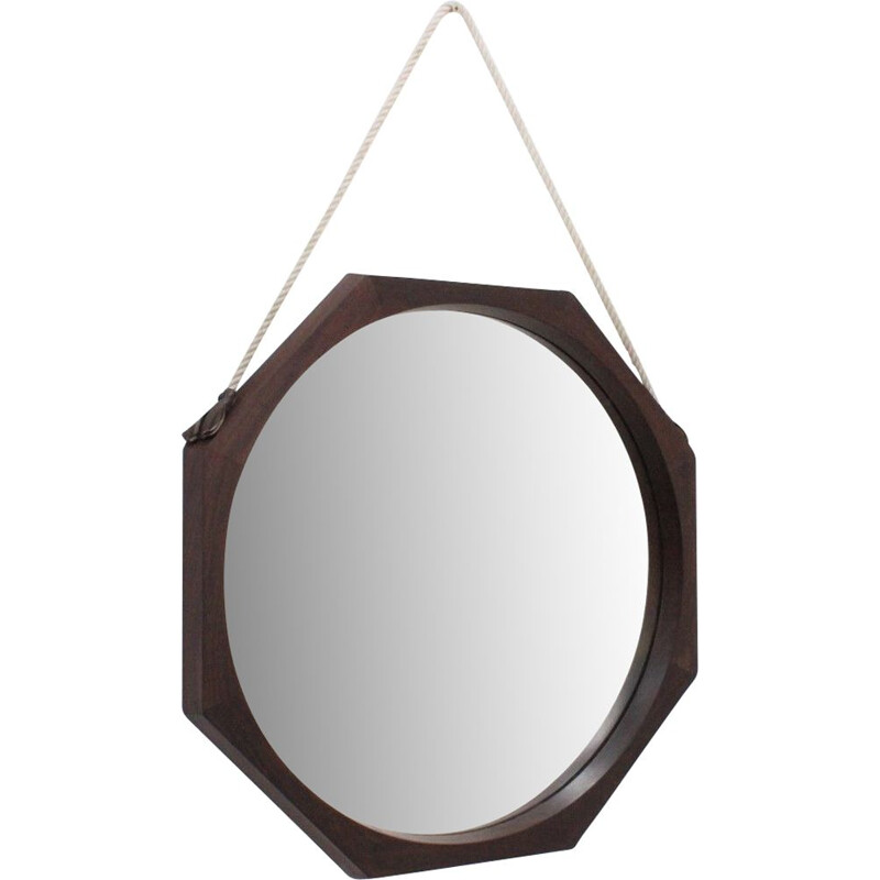 Vintage octagonal Italian teak mirror,1950 