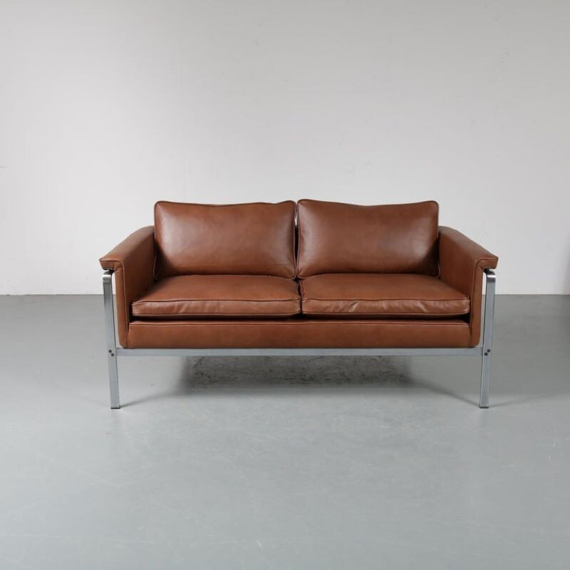 Vintage sofa for Kill International in brown leather and metal 1960s