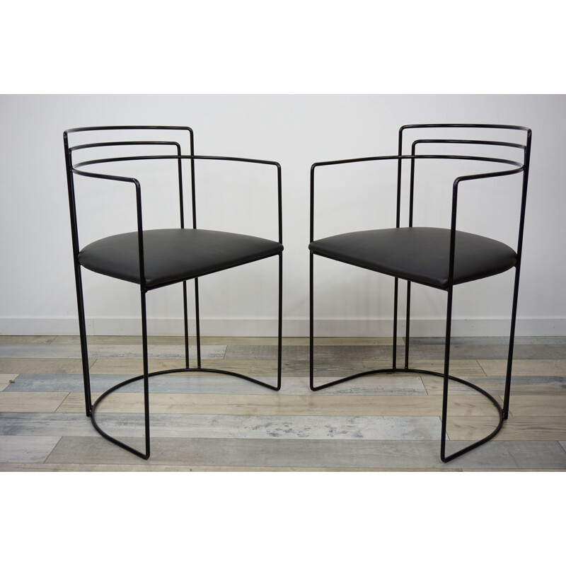 Pair of vintage office chairs in black leatherette and metal 1980