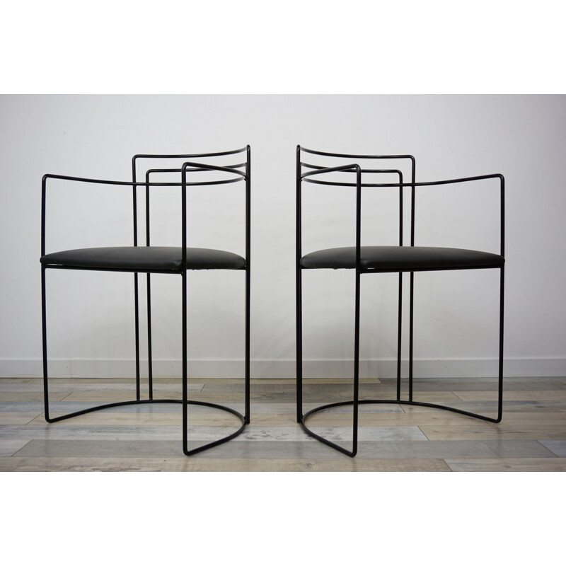 Pair of vintage office chairs in black leatherette and metal 1980