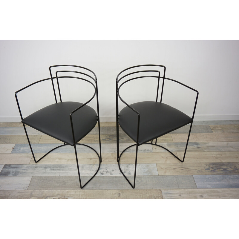 Pair of vintage office chairs in black leatherette and metal 1980