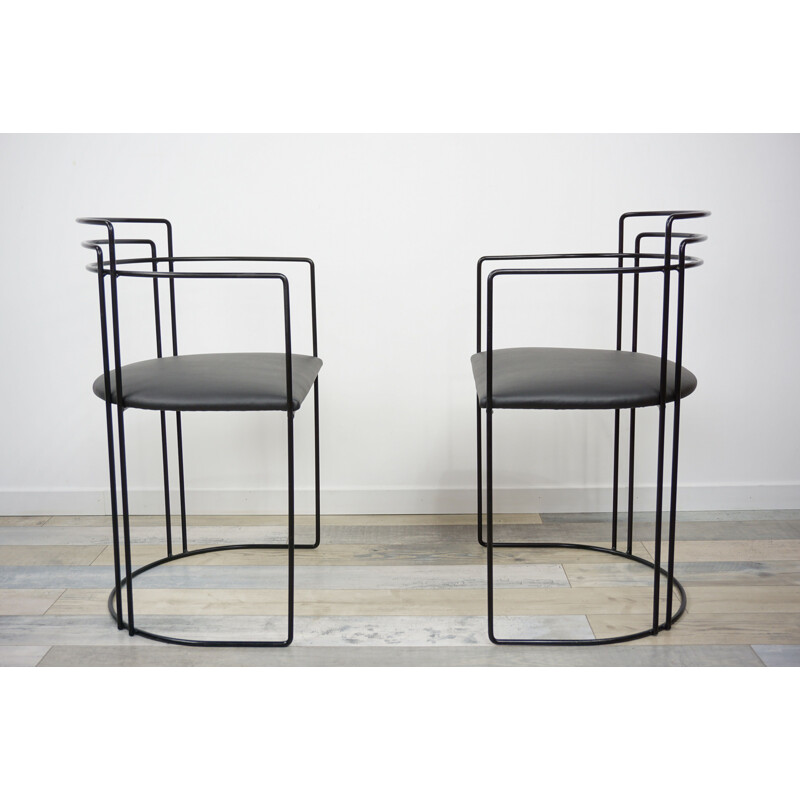 Pair of vintage office chairs in black leatherette and metal 1980