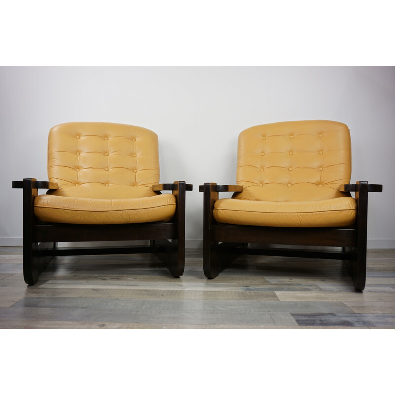 Pair of vintage french armchairs in oak and leather 1960