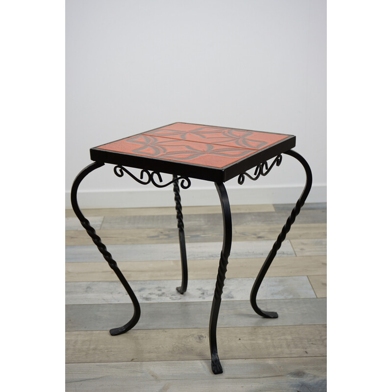 Vintage french side table in iron and ceramic 1950