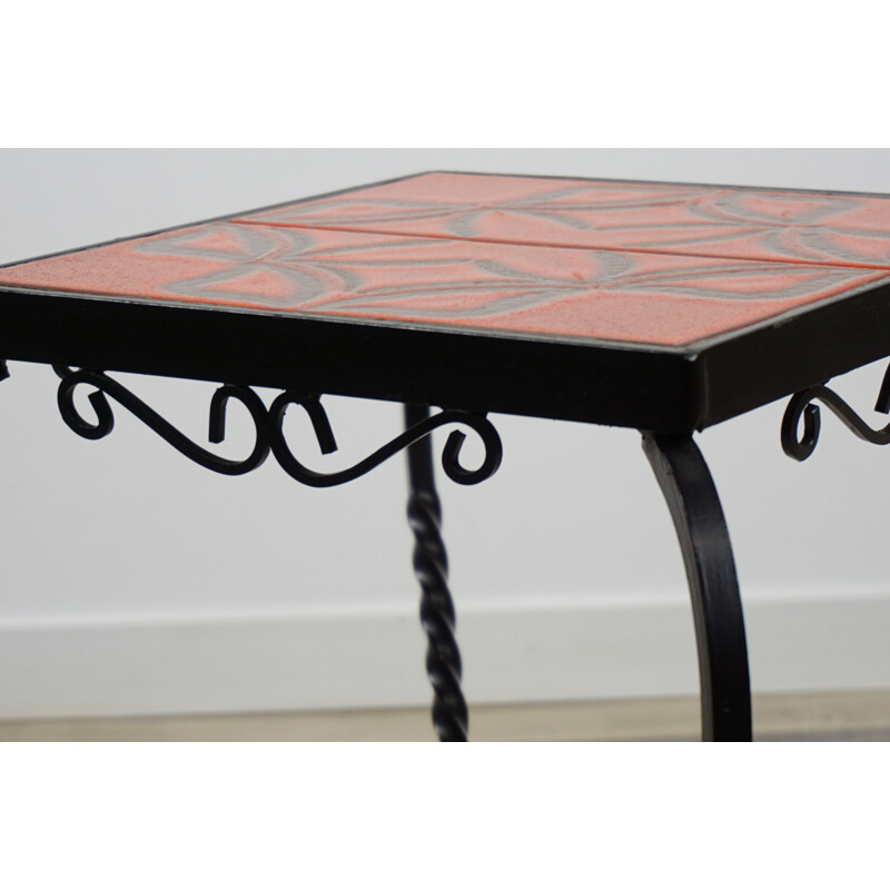 Vintage french side table in iron and ceramic 1950