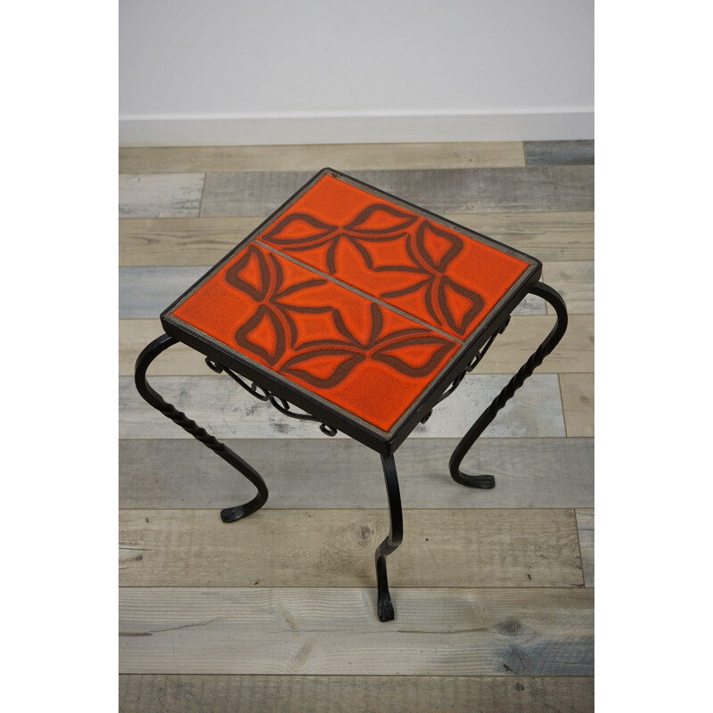 Vintage french side table in iron and ceramic 1950