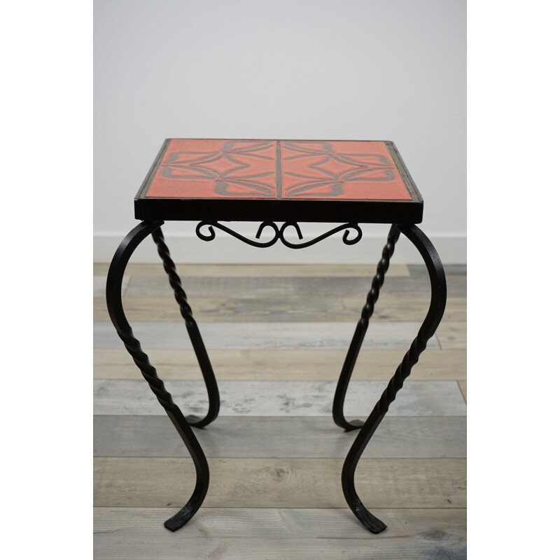 Vintage french side table in iron and ceramic 1950