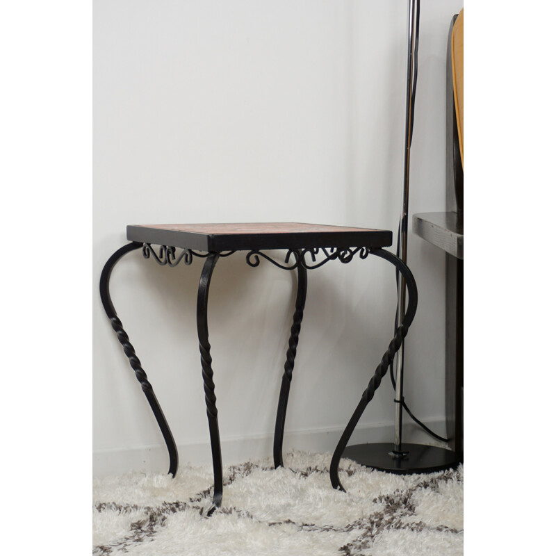 Vintage french side table in iron and ceramic 1950