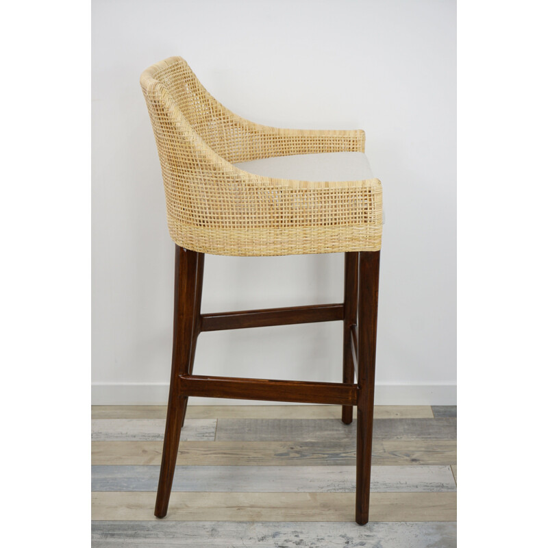 French vintage stool in rattan and wood
