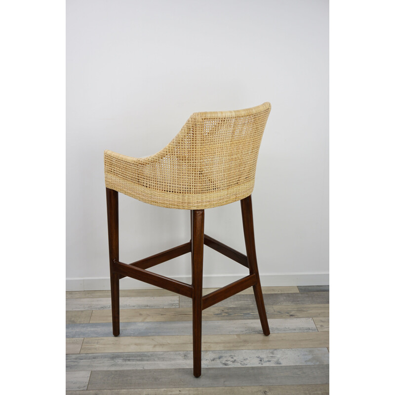 French vintage stool in rattan and wood