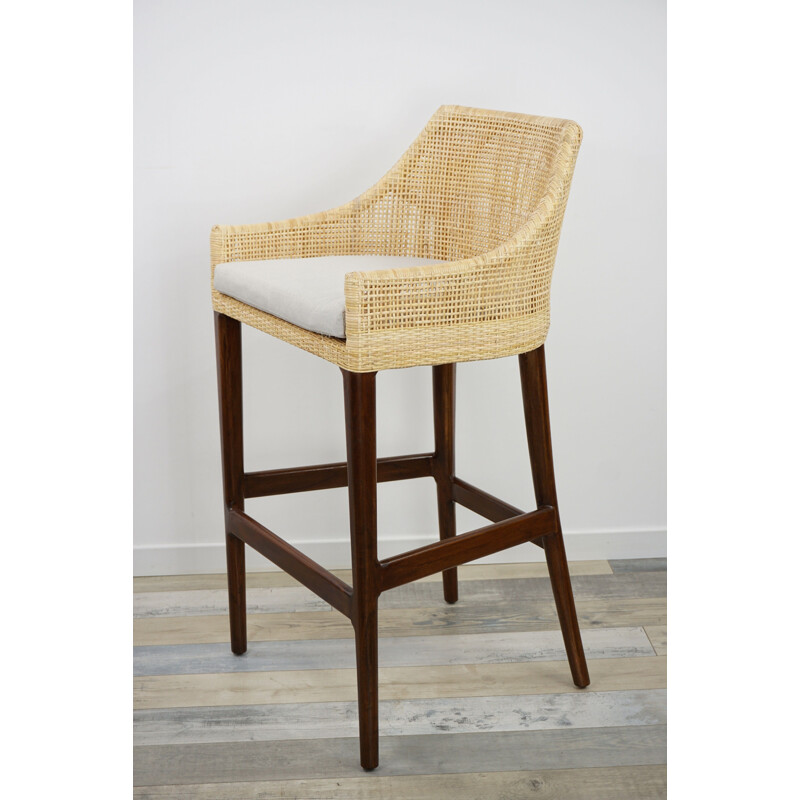 French vintage stool in rattan and wood