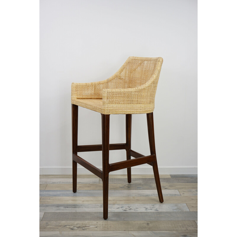 French vintage stool in rattan and wood