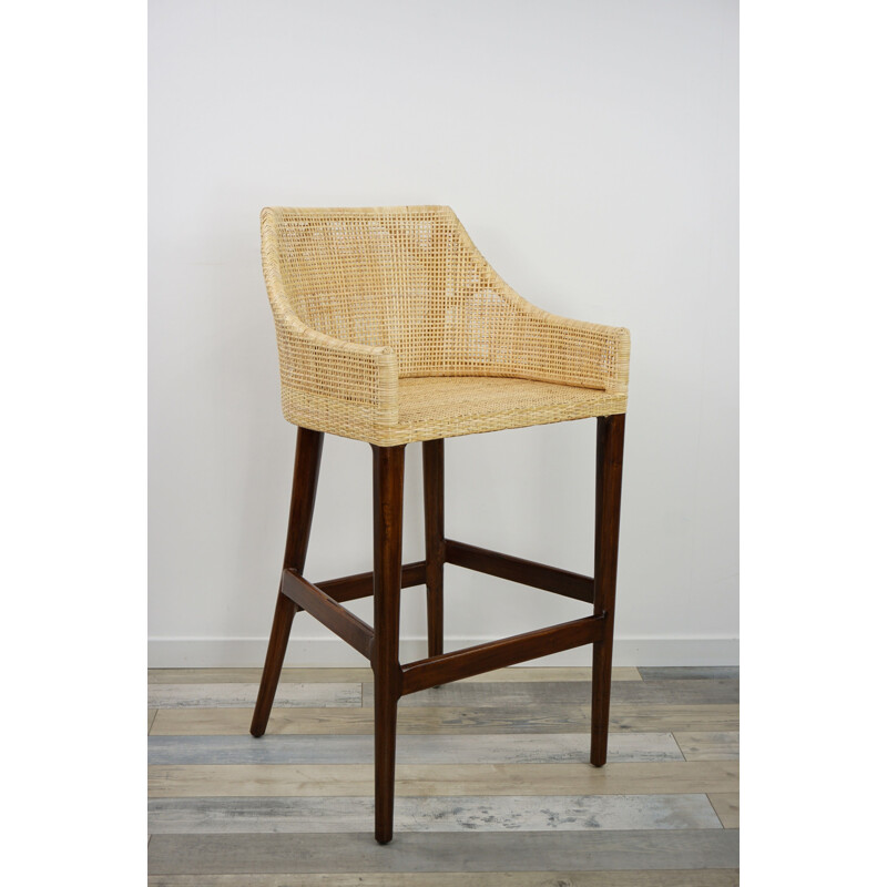 French vintage stool in rattan and wood