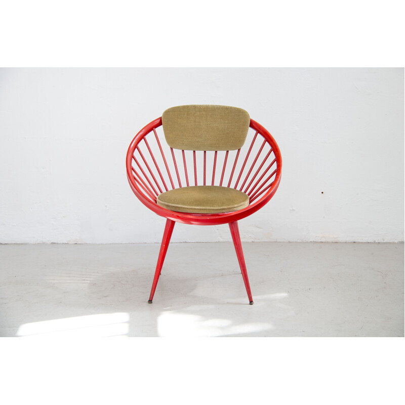 Vintage red Circle armchair by Yngve Eckström in fabric and wood 1960s