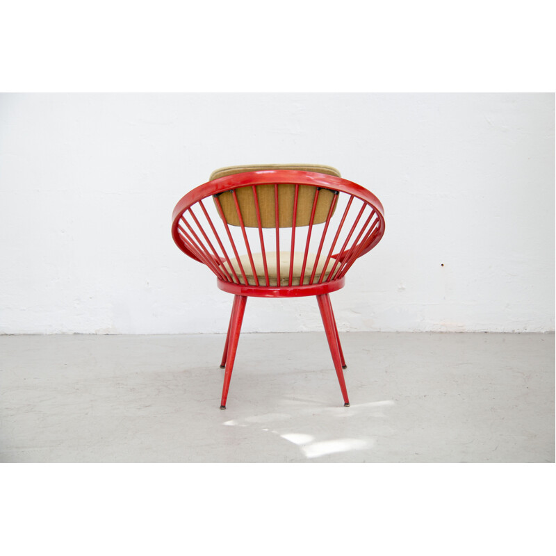 Vintage red Circle armchair by Yngve Eckström in fabric and wood 1960s