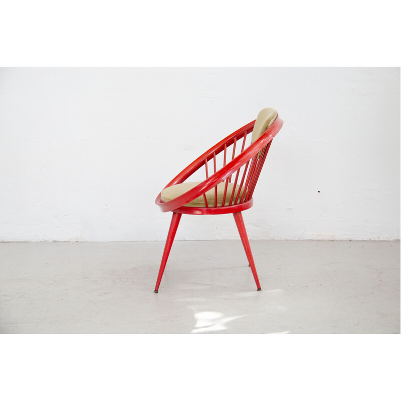 Vintage red Circle armchair by Yngve Eckström in fabric and wood 1960s