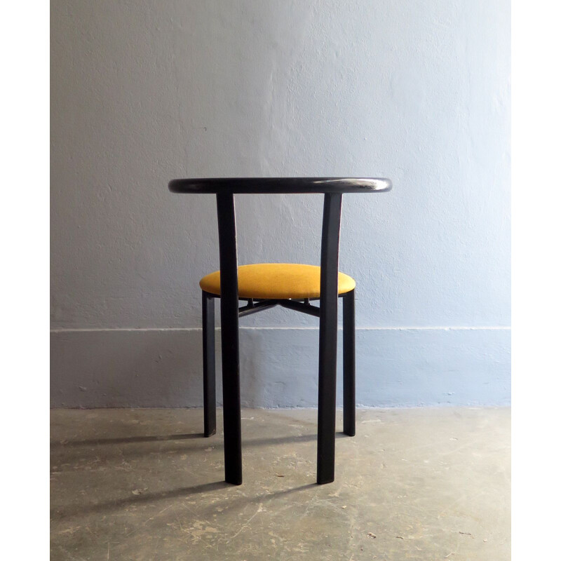 Vintage black lacquered iron chair with yellow fabric seat 1980