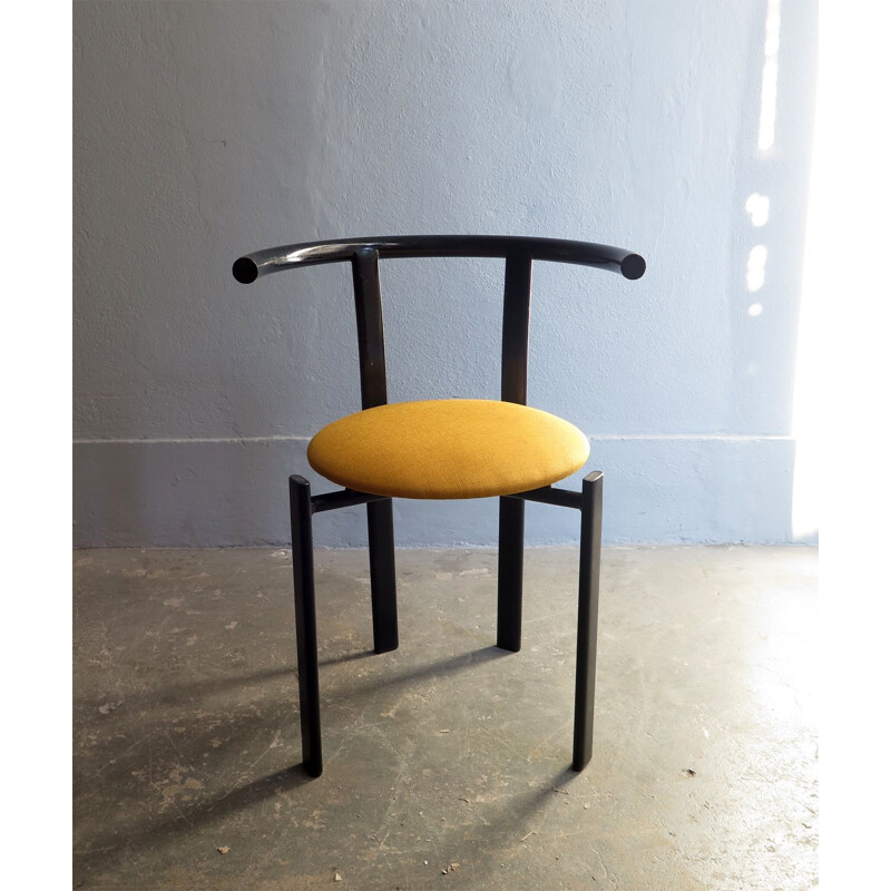 Vintage black lacquered iron chair with yellow fabric seat 1980