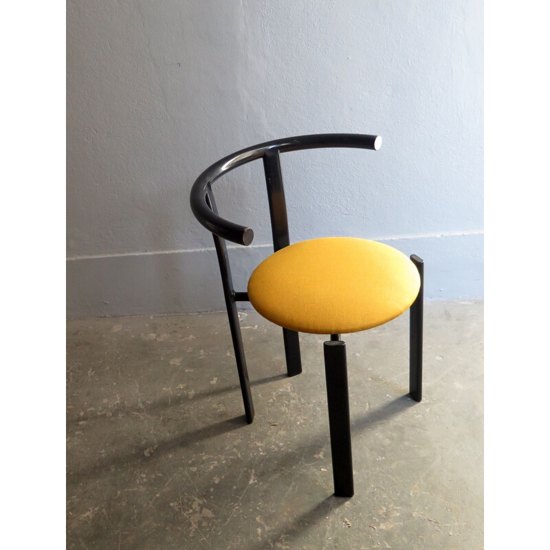 Vintage black lacquered iron chair with yellow fabric seat 1980