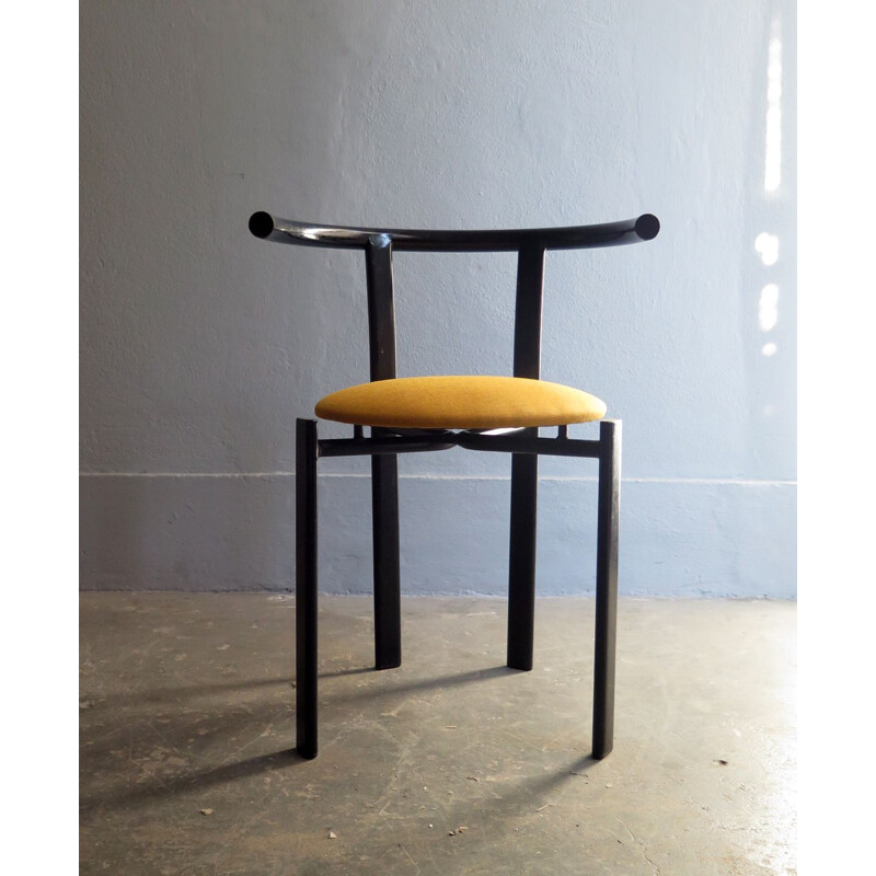 Vintage black lacquered iron chair with yellow fabric seat 1980