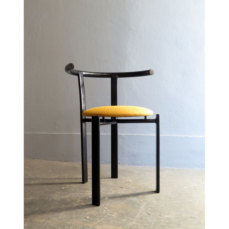 Vintage black lacquered iron chair with yellow fabric seat 1980
