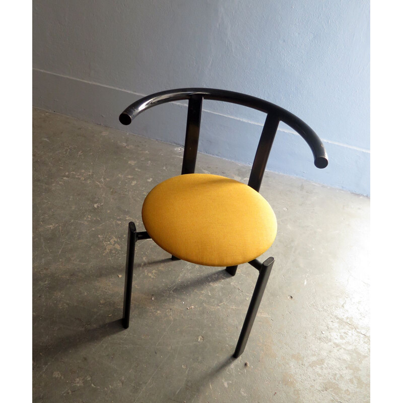 Vintage black lacquered iron chair with yellow fabric seat 1980