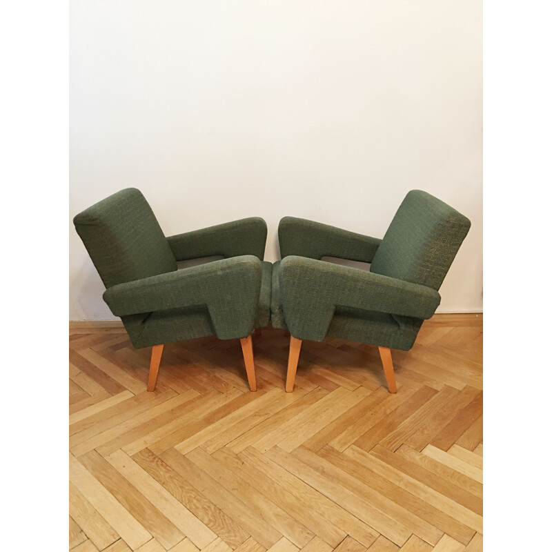 Pair of vintage Rocket armchairs for Jitona in green fabric and wood 1960s