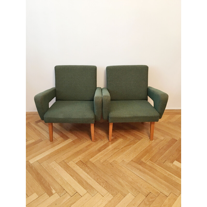 Pair of vintage Rocket armchairs for Jitona in green fabric and wood 1960s