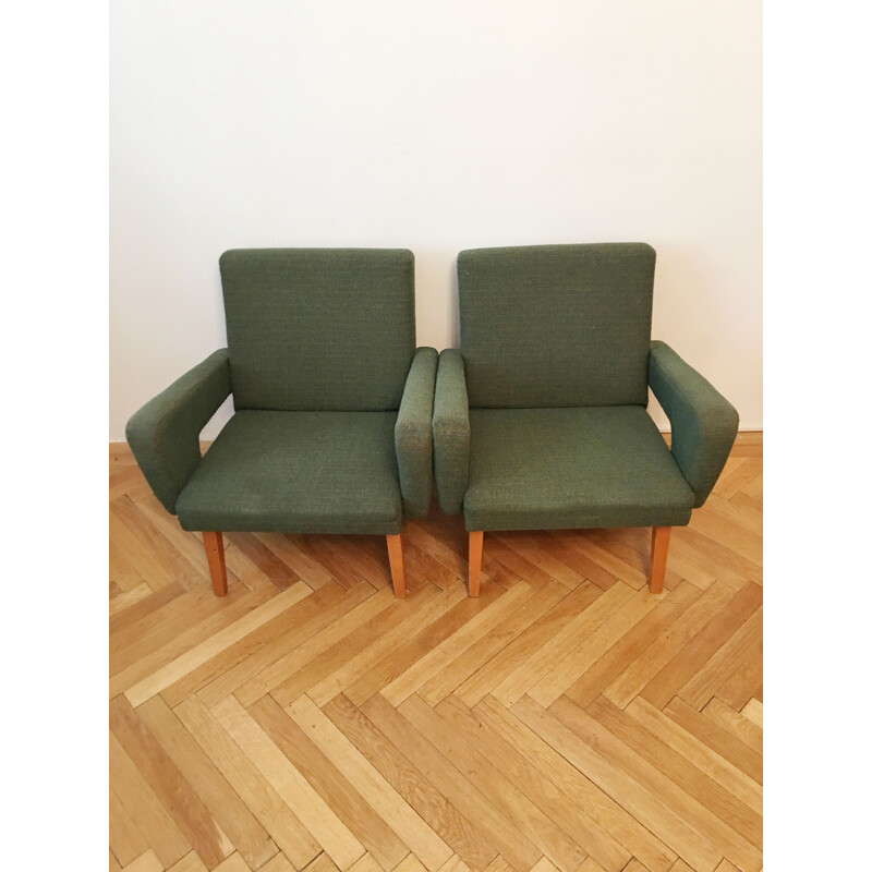 Pair of vintage Rocket armchairs for Jitona in green fabric and wood 1960s