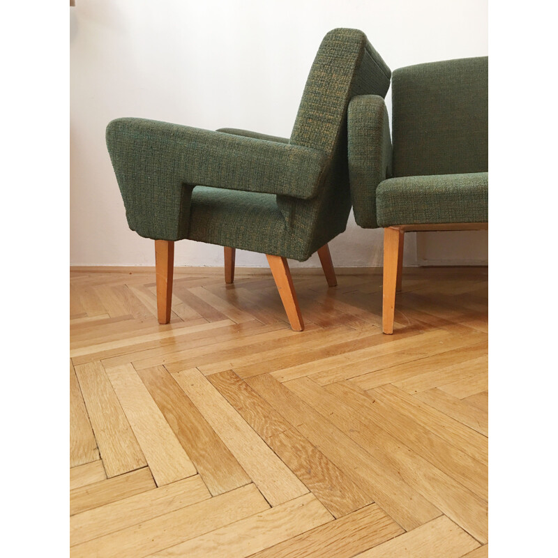 Pair of vintage Rocket armchairs for Jitona in green fabric and wood 1960s