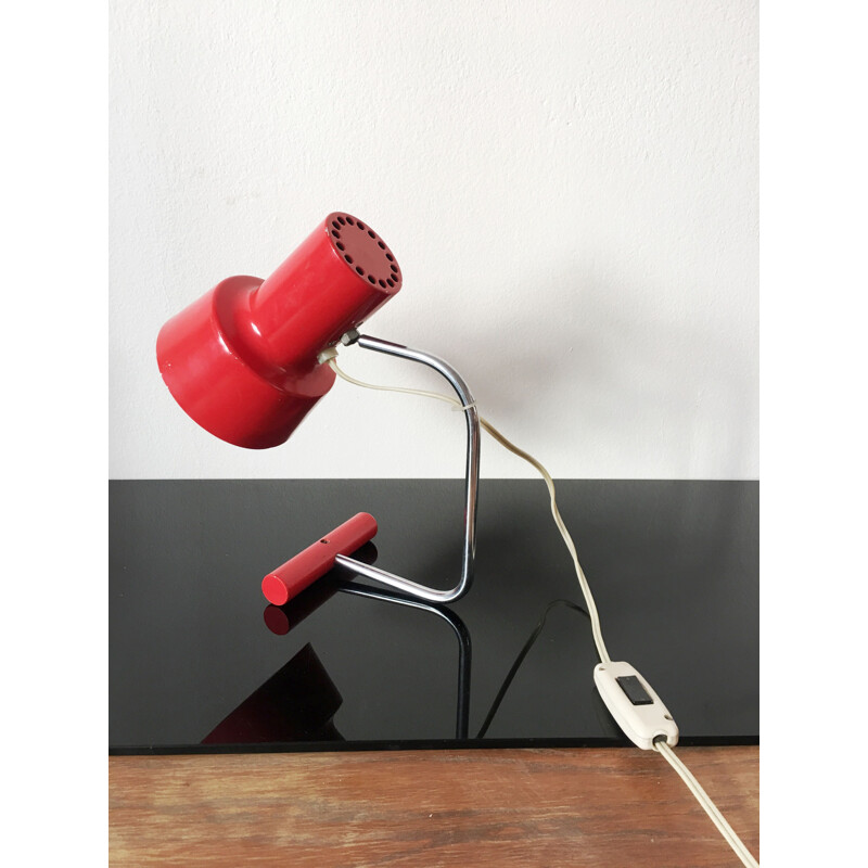 Vintage lamp in red metal and wood by Josef Hurka for Napako, Czechoslovakia 1960