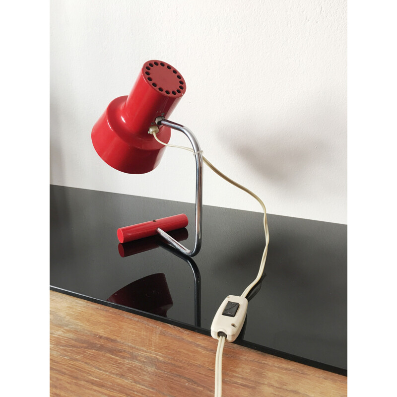 Vintage lamp in red metal and wood by Josef Hurka for Napako, Czechoslovakia 1960