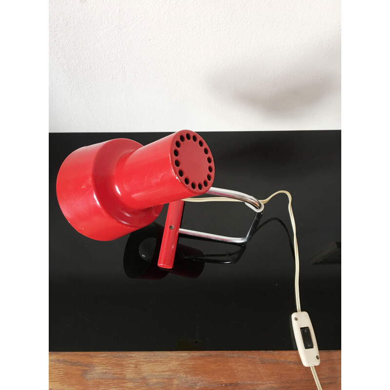 Vintage lamp in red metal and wood by Josef Hurka for Napako, Czechoslovakia 1960