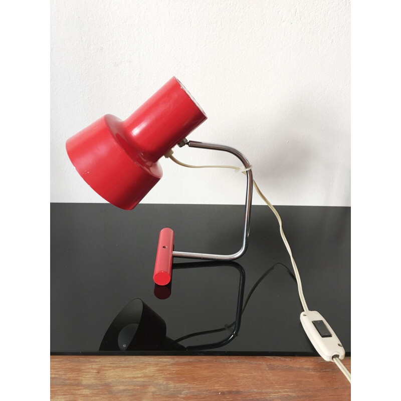 Vintage lamp in red metal and wood by Josef Hurka for Napako, Czechoslovakia 1960