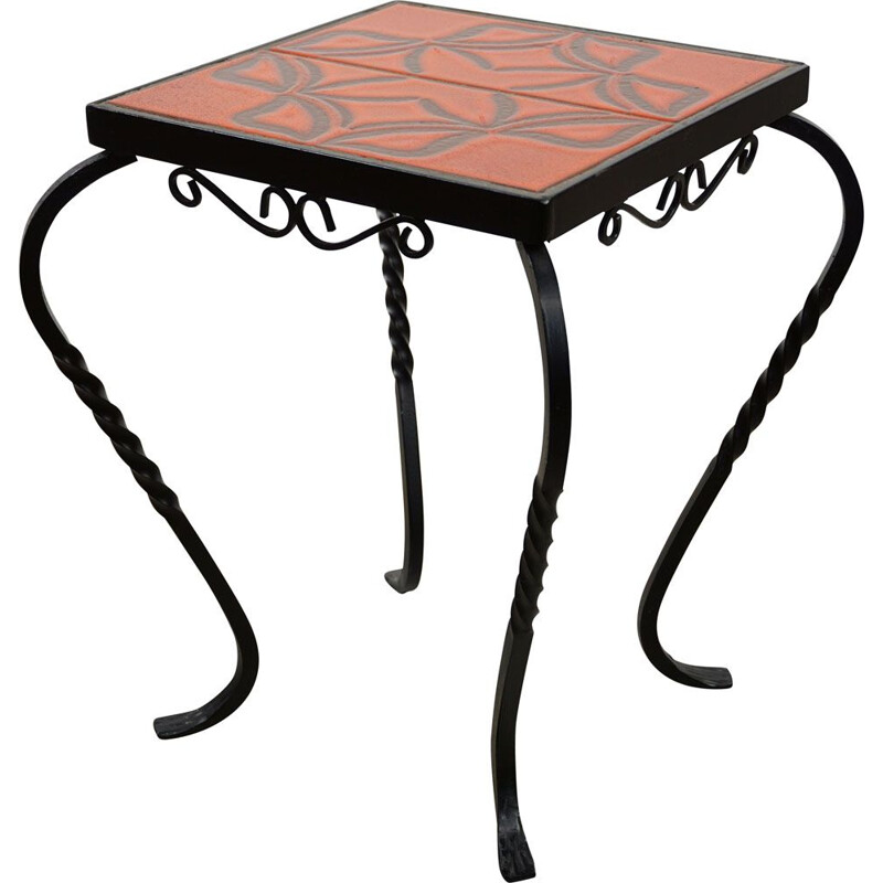Vintage french side table in iron and ceramic 1950