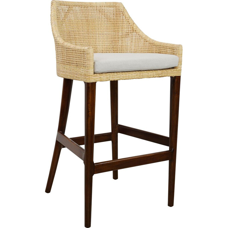 French vintage stool in rattan and wood