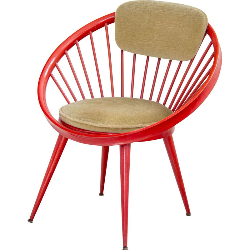 Vintage red Circle armchair by Yngve Eckström in fabric and wood 1960s