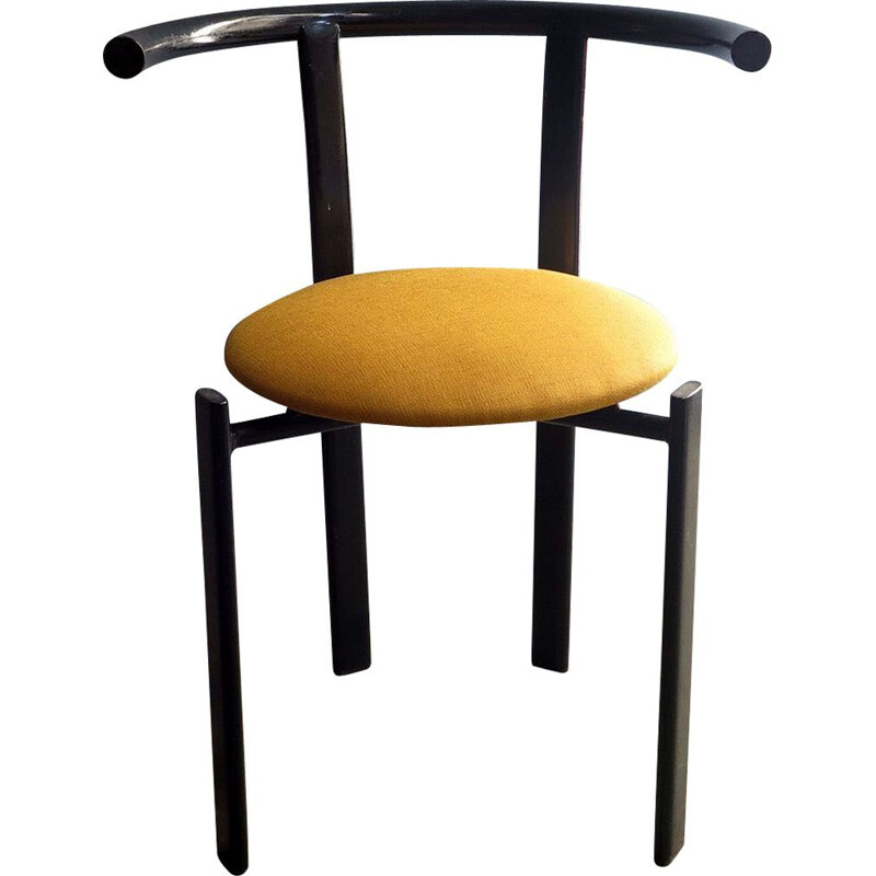 Vintage black lacquered iron chair with yellow fabric seat 1980