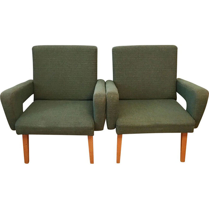 Pair of vintage Rocket armchairs for Jitona in green fabric and wood 1960s