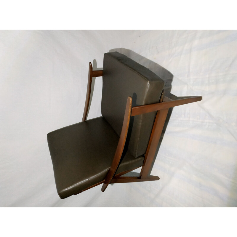 Scandinavian vintage armchair in brown leatherette and teakwood 1960