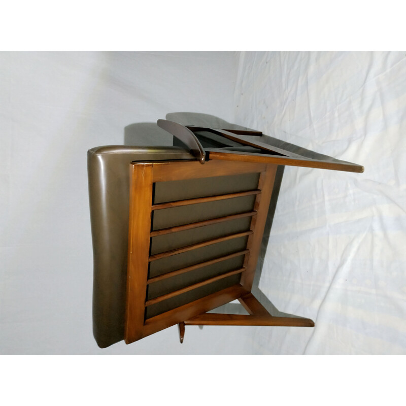Scandinavian vintage armchair in brown leatherette and teakwood 1960