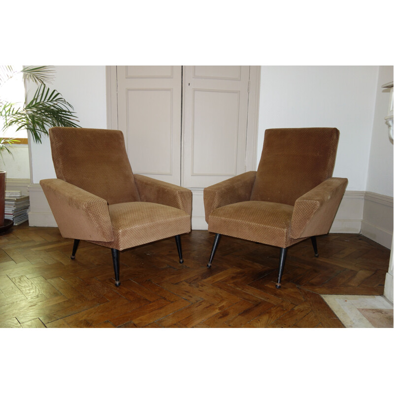 Pair of vintage French armchairs in velvet and wood 1950