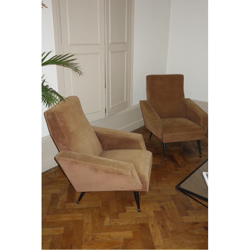 Pair of vintage French armchairs in velvet and wood 1950