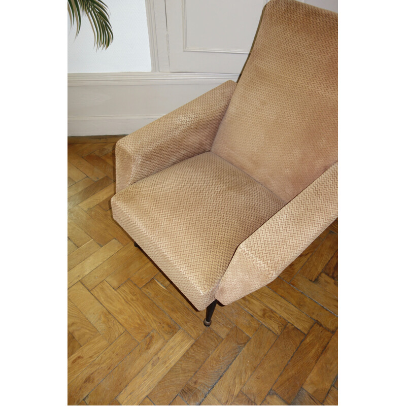 Paire de fauteuils vintage français en velours et bois 1950