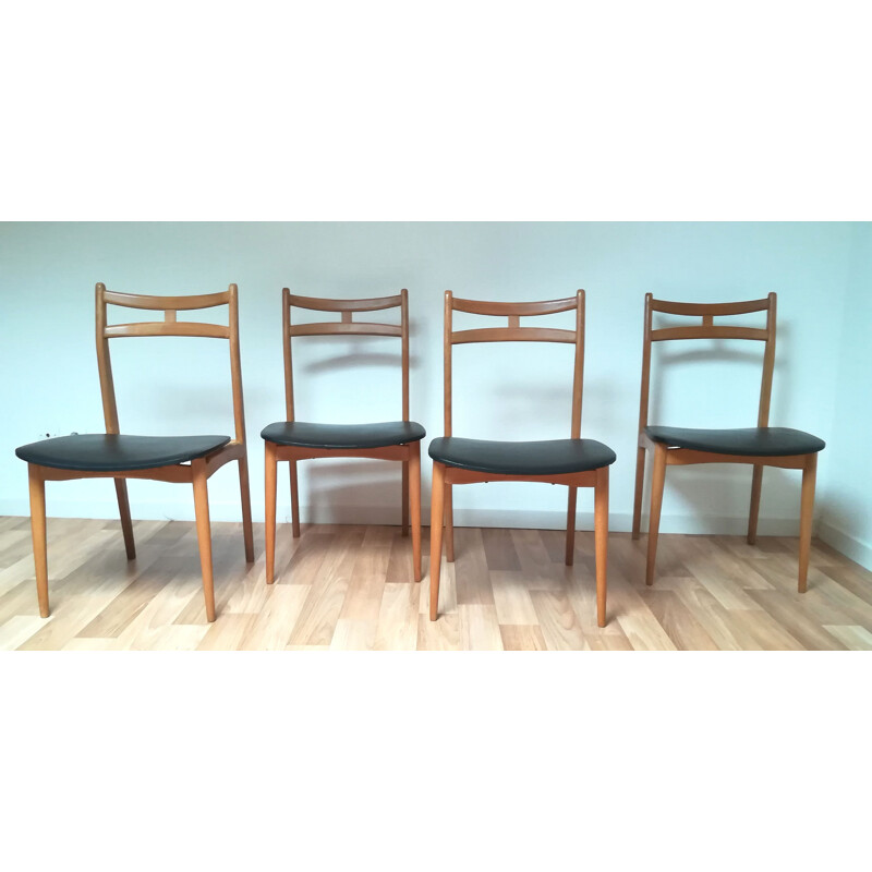 Set of 4 vintage chairs in solid wood and black leatherette 1960