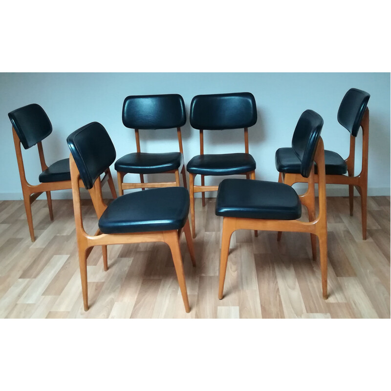 Suite de 6 chaises vintage scandinaves en hêtre et en simili cuir noir 1960