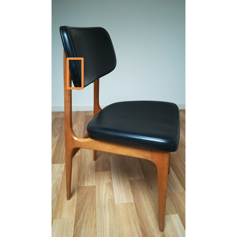Suite de 6 chaises vintage scandinaves en hêtre et en simili cuir noir 1960