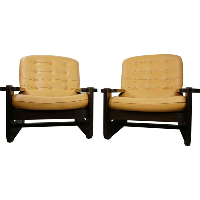 Pair of vintage french armchairs in oak and leather 1960